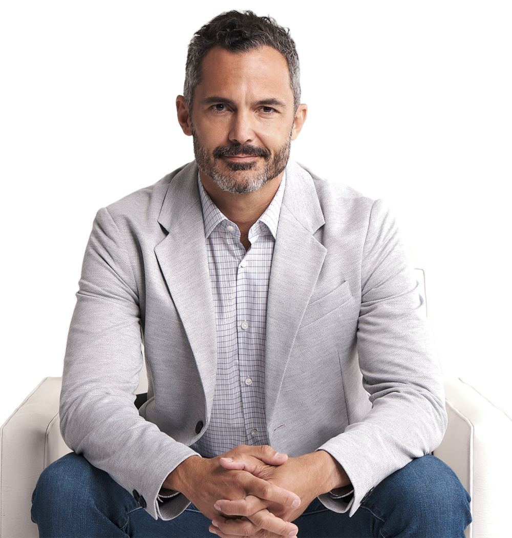 man looking straight ahead with purpose